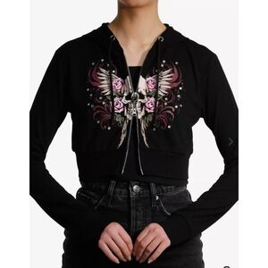 Social Collision Crop Zip Hoodie Large Skull & Roses Rhinestones Y2K Goth Grunge